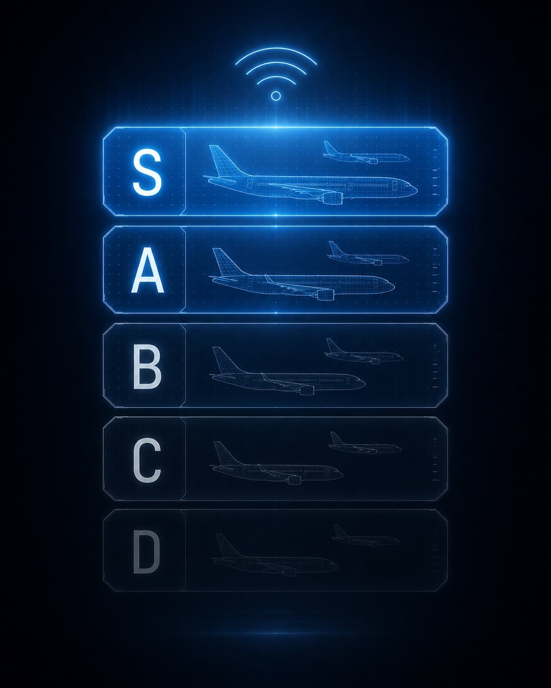 Vertical tier ranking visualization with five glowing horizontal bars labeled S, A, B, C, D — top tier brightest in sky-blue, fading to muted gray at the bottom, with subtle aircraft silhouettes inside each tier