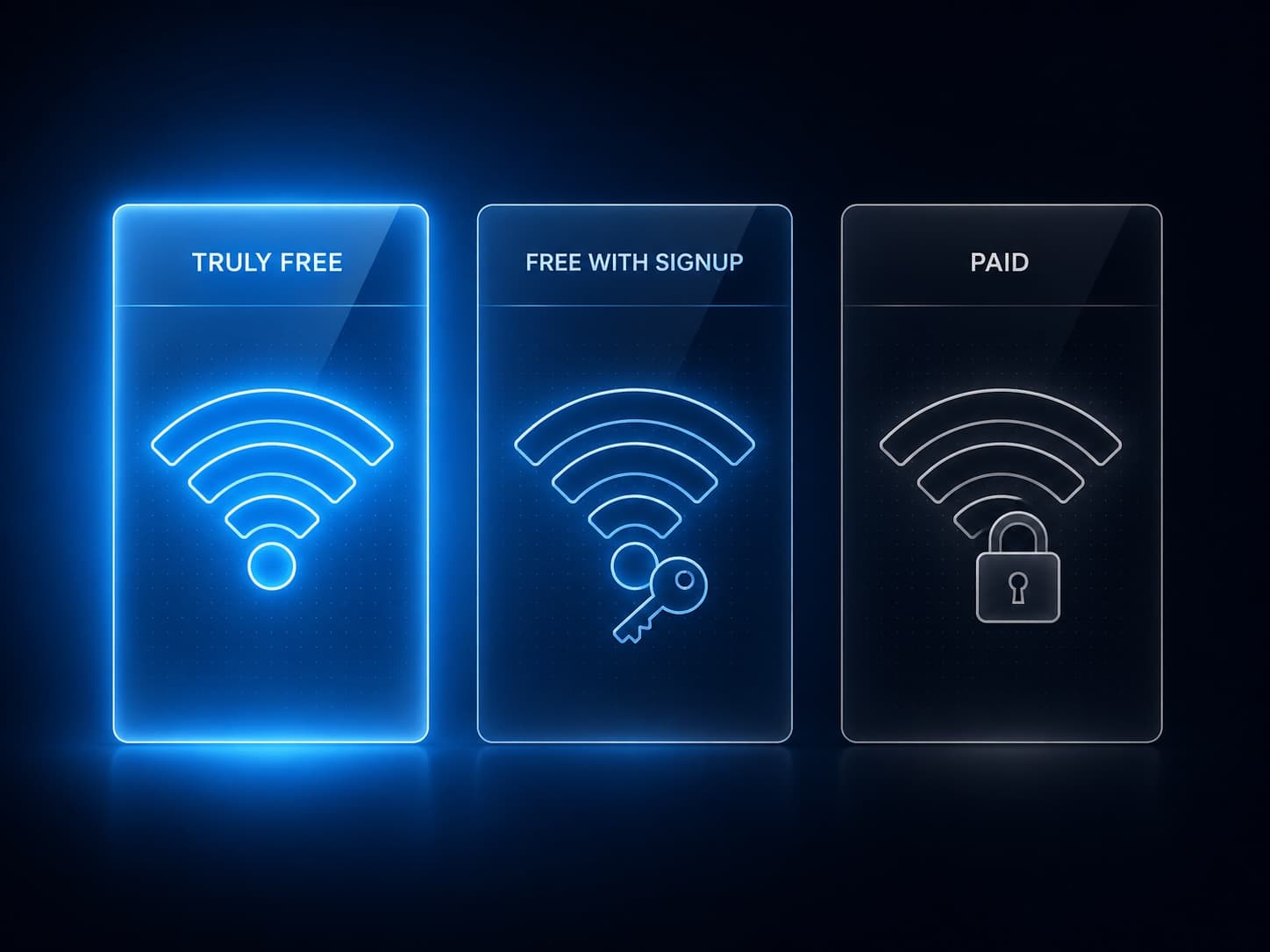 Three glass-like vertical panels labeled "Truly Free", "Free with Signup", and "Paid" — the leftmost glowing brightest in sky-blue, the middle dimmer with an overlapping key icon, the rightmost muted with a lock icon, illustrating the three categories of in-flight Wi-Fi access