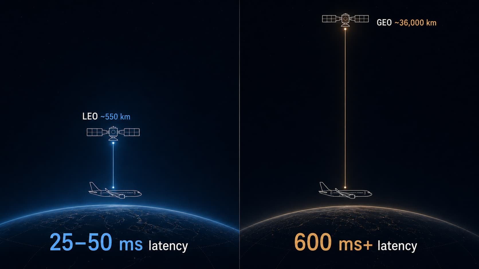 Side-by-side diagram comparing Starlink low-Earth-orbit satellite at 550 km with a geostationary satellite at 36,000 km — illustrating why Starlink achieves 25–50 ms latency vs 600 ms+ for GEO