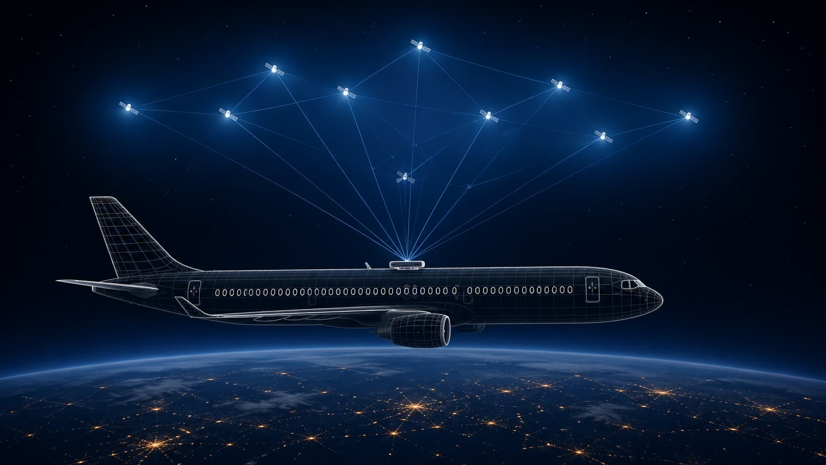 Stylized commercial airliner flying through the upper atmosphere with a low-Earth-orbit Starlink satellite constellation overhead, beam lines converging on a flat phased-array antenna mounted on the fuselage, set against a dark navy sky with city lights below